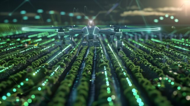 Hightech drones equipped with 5G technology flutter over acres of farmland collecting realtime data to help guide the actions of the agricultural robots down below.