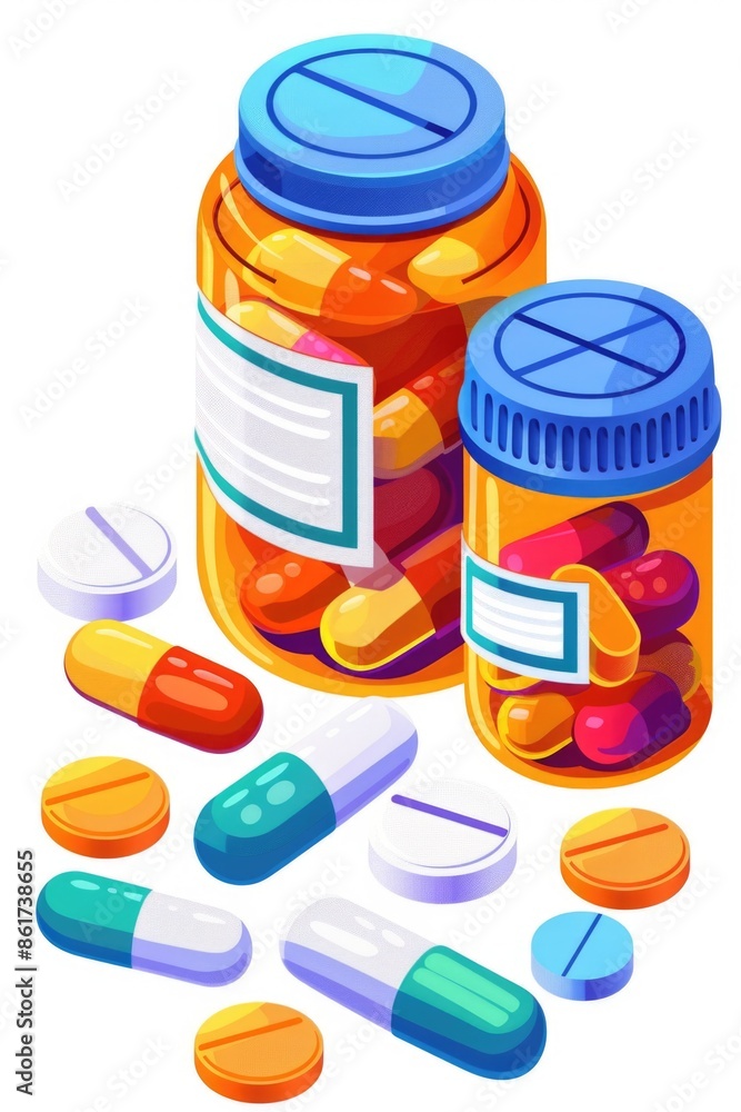 Poster two bottles of pills are on a table with many other pills scattered around them. the pills are in va