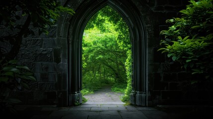 Obraz premium A dark tunnel with a green archway leading to a lush green forest. The tunnel is narrow and the archway is open, inviting the viewer to explore the forest beyond. Scene is mysterious and adventurous