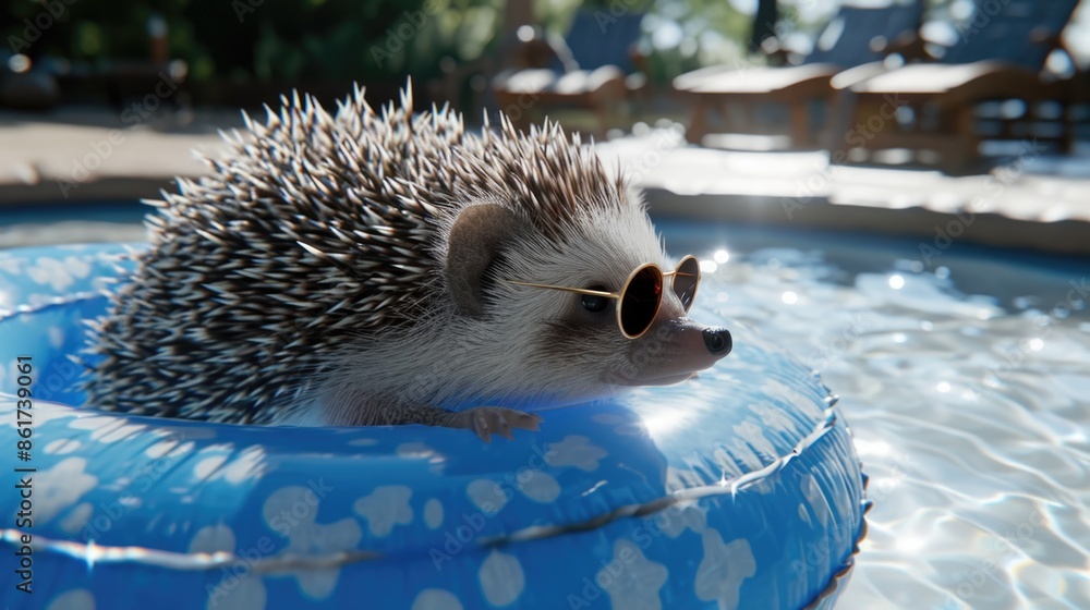 Poster a hedgehog is sitting on a blue inflatable pool float with sunglasses on. the scene is playful and l