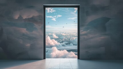 A door is open to a room with a view of the sky. The sky is filled with clouds and birds