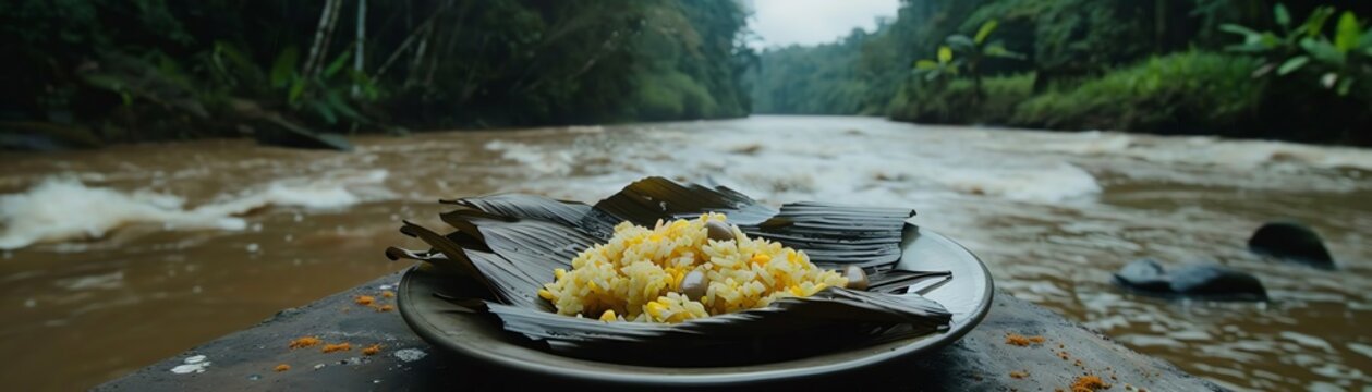 A serving of Peruvian juane with rice, chicken, and olives, wrapped in banana leaves, photographed on a ceramic plate with a backdrop of the Peruvian jungle and Amazon River