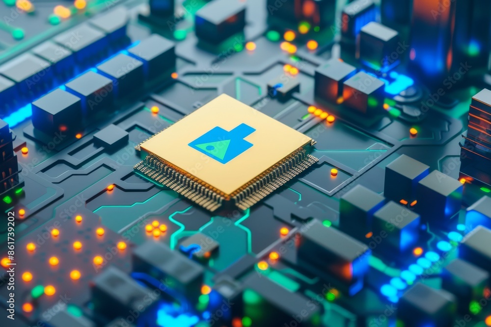 Poster ai processor on circuit board with neon lights representing artificial intelligence and futuristic t