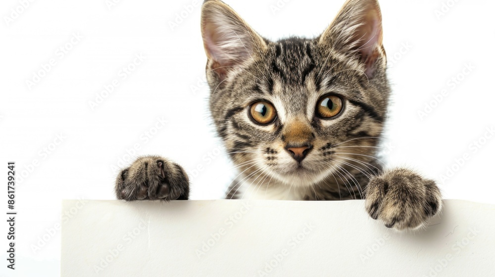 Poster a cat is peeking out from behind a white board. the cat is looking at the camera with its eyes wide 