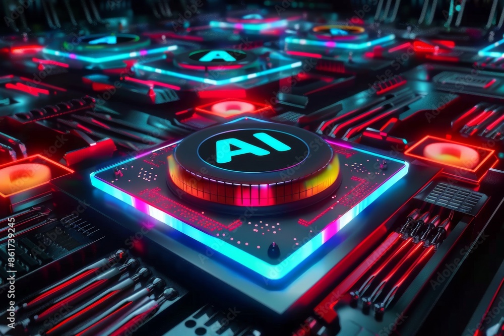Poster ai microchip on red circuit board symbolizing advanced artificial intelligence technology and innova
