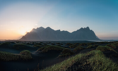 Stunning panoramic view of Vestrahorn, an impressive 454 metres tall mountain. It faces out to the...