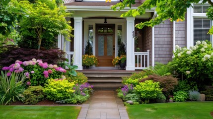 A house with a beautiful garden and a white porch. The garden is full of flowers and plants, and the porch has a wooden railing. The house has a welcoming and inviting atmosphere