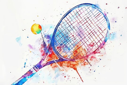 A colorful watercolor illustration of a tennis racket and ball against a clean white backdrop