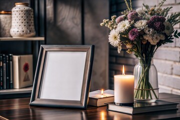 Blank Photo Frame Mockup with flowers in vase on the table copy space