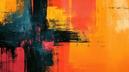 Abstract painting with bold strokes of red, orange, yellow, and black paint.