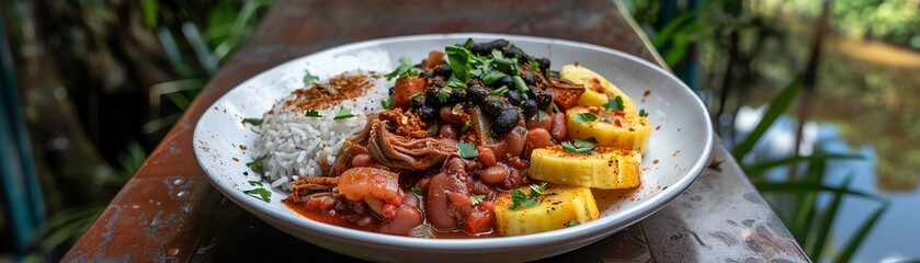 A serving of Venezuelan pabellon criollo with shredded beef