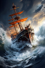 Obraz premium A sailboat navigating rough seas, symbolizing seafarers' bravery.
