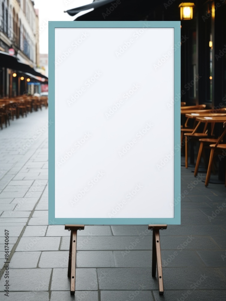 Poster a white sign with a blue frame is standing on a sidewalk. the sign is empty and has no writing on it