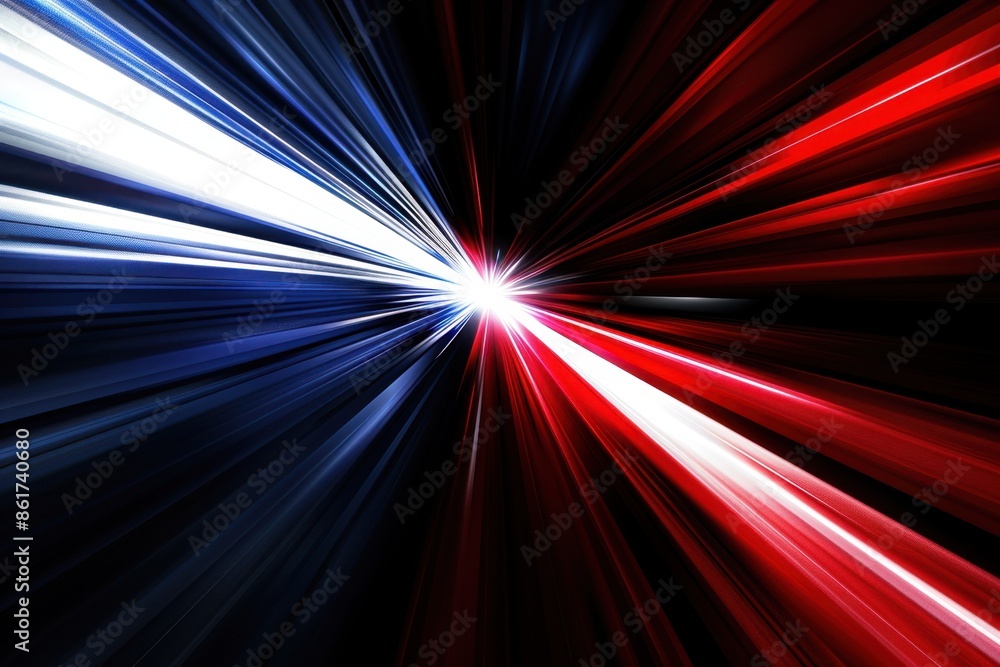 Poster abstract red, white and blue background with light rays in the center, symbolizing speed or technolo