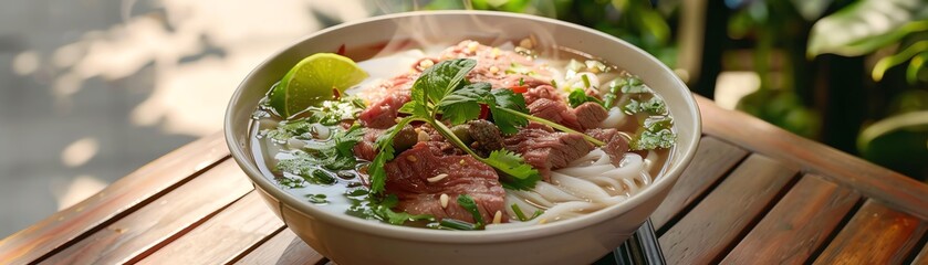 A steaming bowl of Vietnamese pho with rice noodles