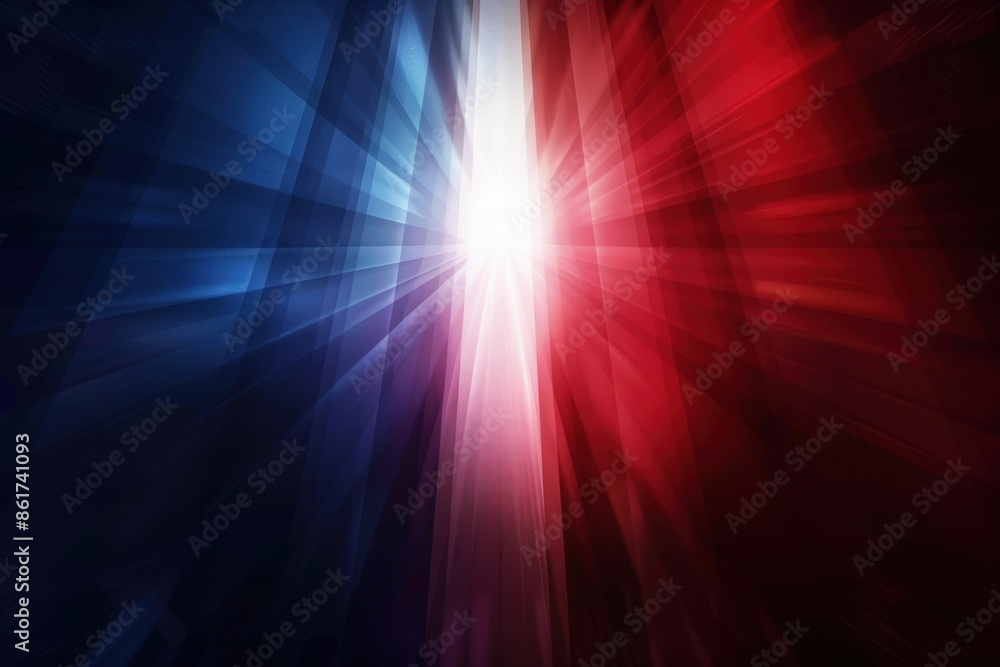 Poster abstract red, white and blue background with light rays in the center generative ai