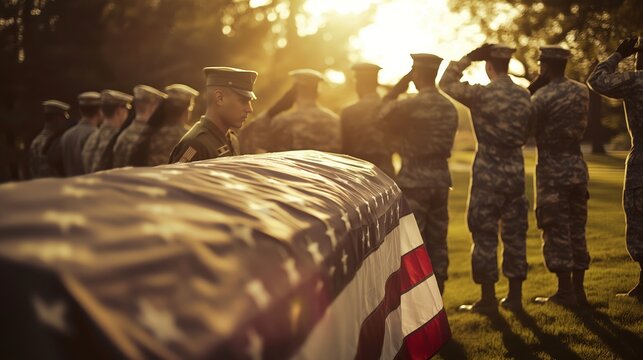 military officers saluting american flag draped over coffin at funeral for fallen soldier during golden hour, emotional and high resolution