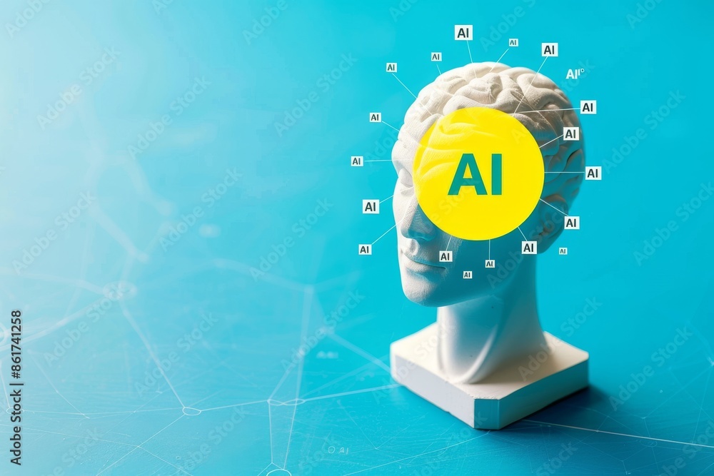 Aufkleber ai head model with digital elements on blue background representing artificial intelligence and tech