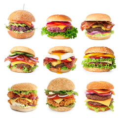 Different delicious burgers isolated on white, set