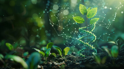 Concept of green biotechnology or synthetic biology, graphic of plant combined with DNA shape.generative ai