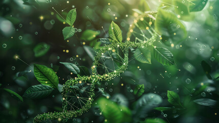 Concept of green biotechnology or synthetic biology, graphic of plant combined with DNA shape.generative ai