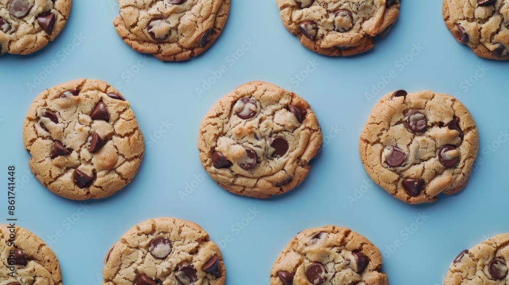 Poster a row of chocolate chip cookies on a blue background. the cookies are all the same size and shape, a