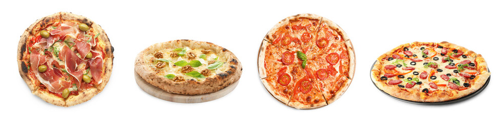 Different tasty pizzas isolated on white, collection