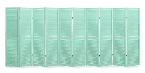Turquoise folding screen isolated on white. Stylish furniture