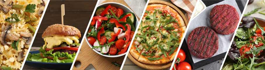 Vegetarian menu, banner design. Collage with different tasty dishes