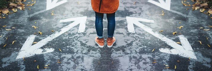 Individual standing with feet visible on asphalt road, surrounded by large white arrows pointing in different directions signifying choices or decisions.