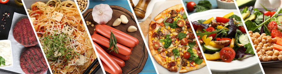 Vegetarian menu, banner design. Collage with different tasty dishes