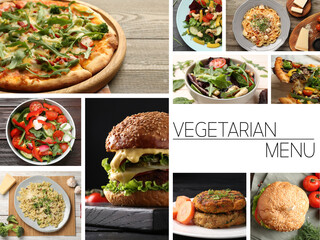 Vegetarian menu. Collage with different tasty dishes