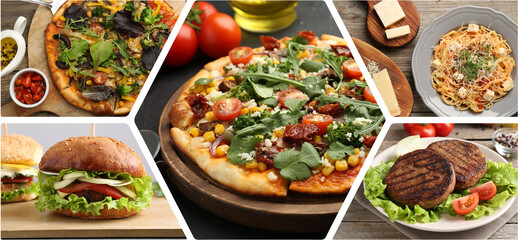 Vegetarian menu, banner design. Collage with different tasty dishes