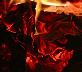 Glowing burned paper in the fireplace