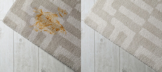 Carpet before and after dry-cleaning on floor, top view. Banner design