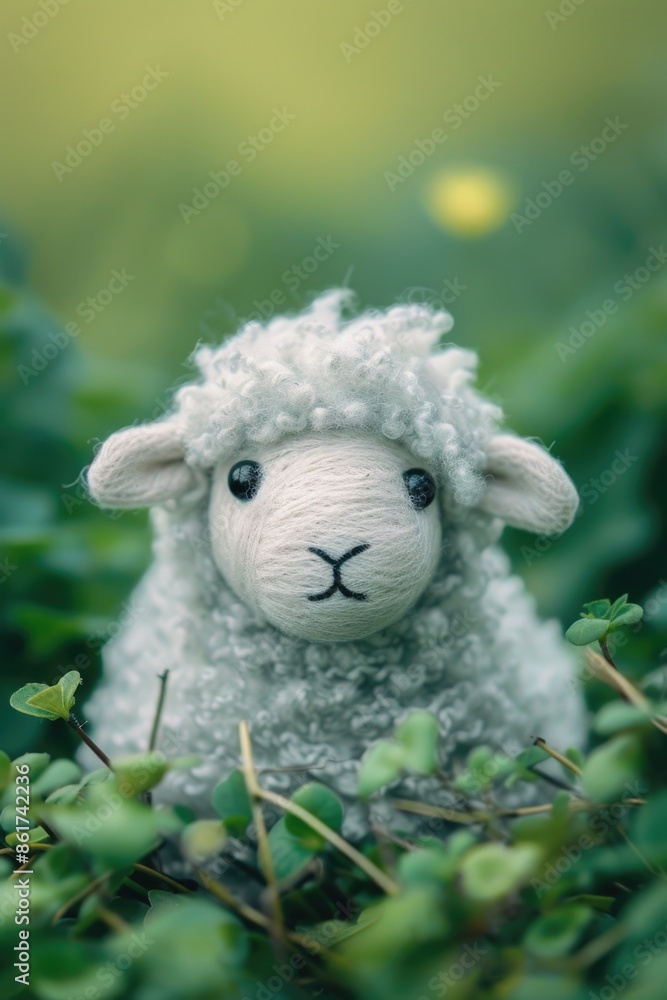 Poster a stuffed sheep is sitting in a field of green grass. the sheep is looking at the camera with a curi