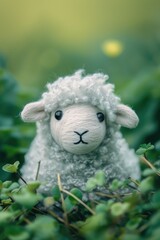 A stuffed sheep is sitting in a field of green grass. The sheep is looking at the camera with a curious expression