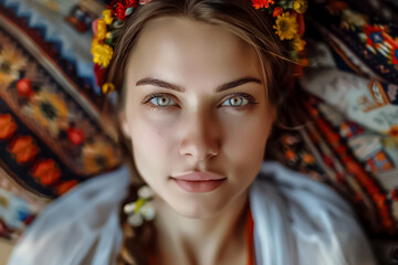 Obraz premium A woman with a flower headband is laying on a blanket