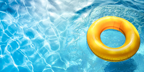 Bright yellow inflatable ring floating on the clear blue water of a pool