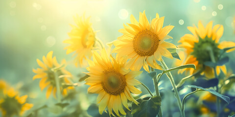 Fototapeta premium Vibrant image of sunflowers in soft focus, highlighting their bright yellow petals and green leaves
