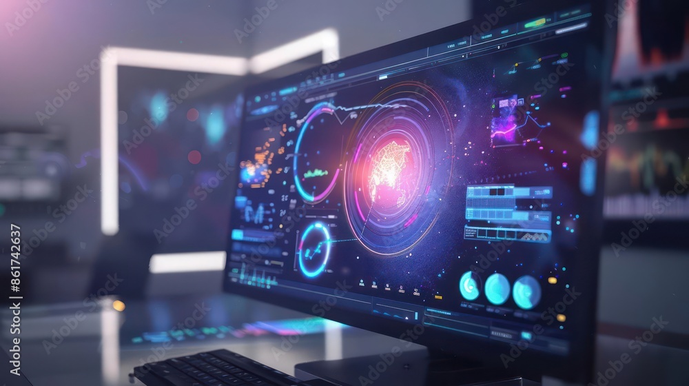 Poster conceptual image of a futuristic digital computer monitor displaying vibrant, 3d holographic interfa