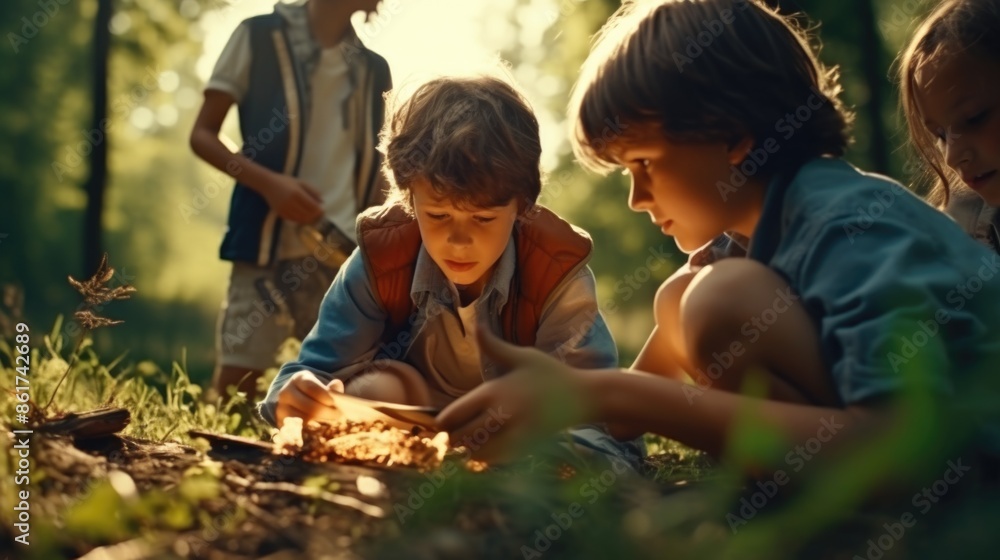 Poster a group of children are sitting in the grass, one of them looking at a small object. scene is playfu