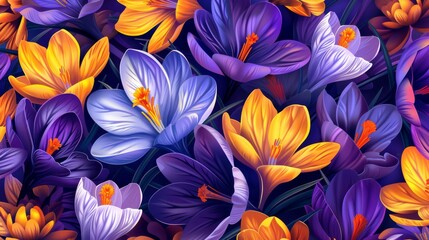 Beautiful closeup of blooming crocus flowers with vibrant purple and orange petals in a lush arrangement.