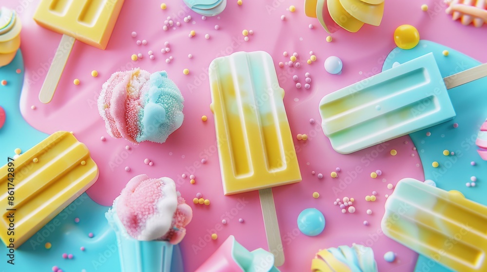 Poster a colorful array of ice cream and popsicles on a pink background. the popsicles are in various color