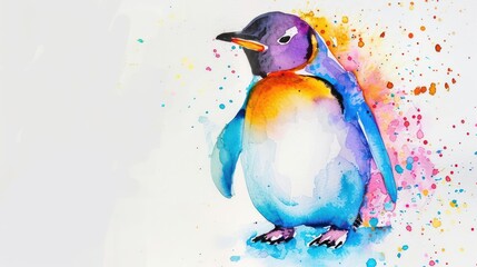 Cute watercolor penguin standing with bright, contrasting colors on a white background