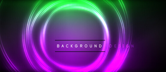 Neon glowing circle rays, light round lines in the dark, planet style neon wave lines. Energetic electric concept design for wallpaper, banner, background