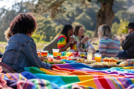Group of friends enjoying a picnic with rainbow flag blanket, celebrating lgbt pride month