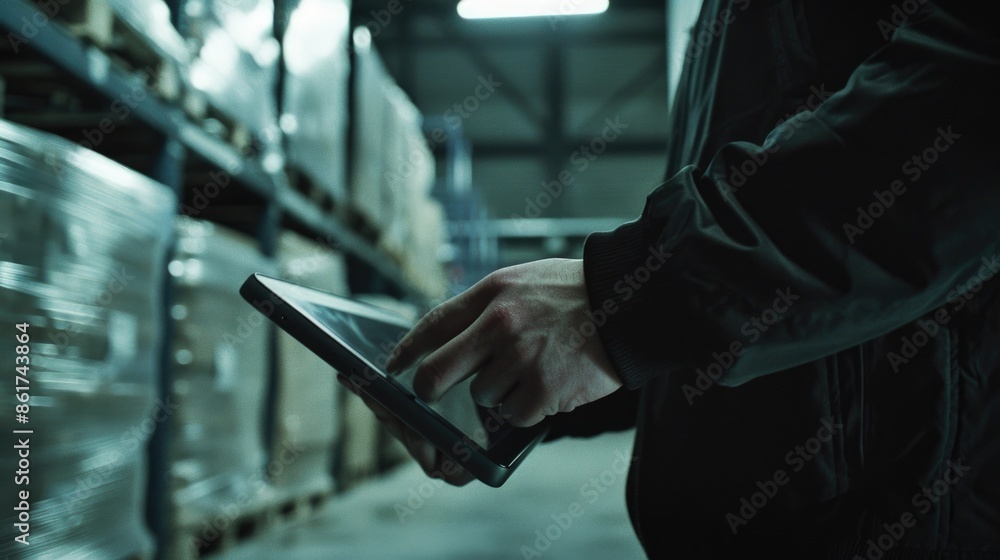 Poster a person is using a tablet in a warehouse. the tablet is being used to scan items. the person is wea