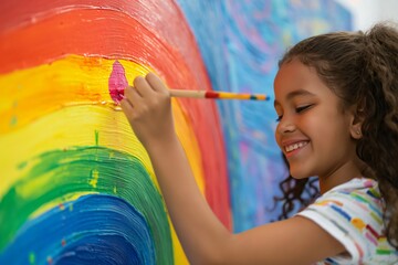 Young artist girl is smiling while painting a rainbow on a large canvas using a paintbrush