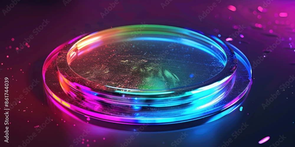 Poster a colorful, glowing, and shiny object with a rainbow pattern. the object is circular and he is made 